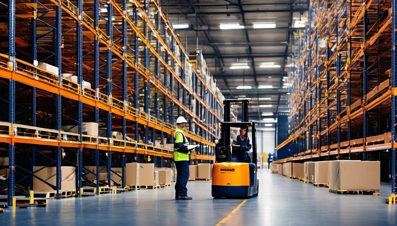 Depozit logistic modern cu rafturi înalte, stivuitor și personal la inventar